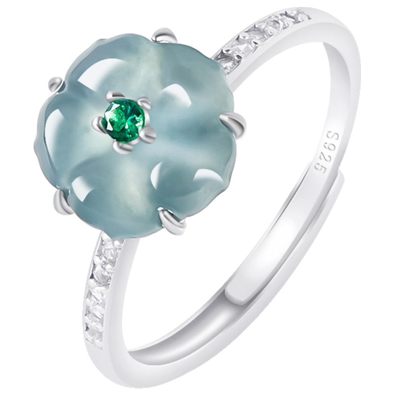 Women Accessories Gift - 블루 버마산 경옥 꽃 반지 925