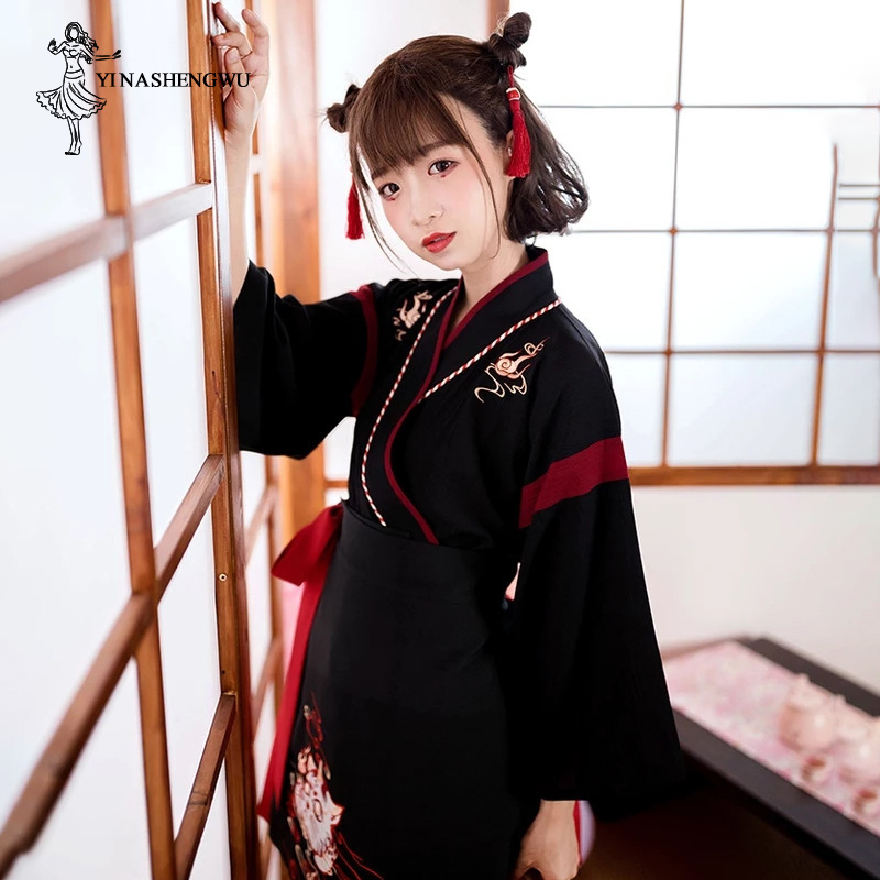 일본 여성 기모노 드레스, 블랙 화이트 고양이 자수 스 - Women'S Kimono Accessories 리뷰 및 가격